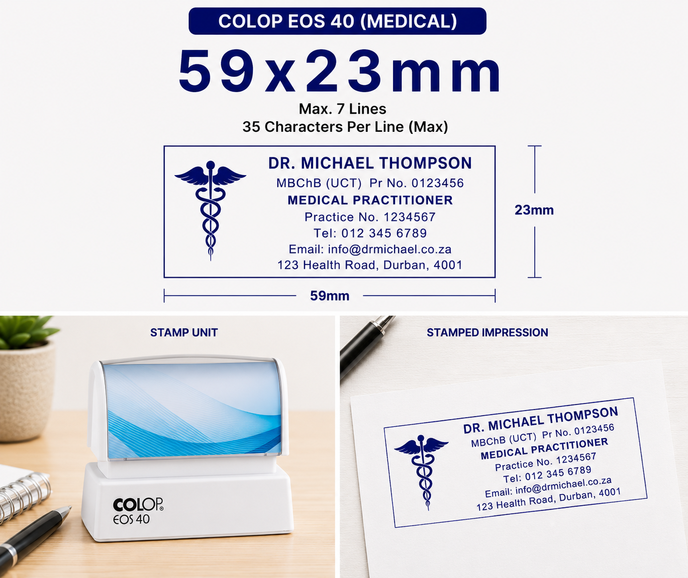 Pre-Inked Medical Stamp Colop EOS 40 South Africa Stamps R us Webp