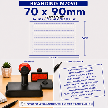 A branding stamp unit product listing graphic showing a 70 x 90mm stamp unit and sample stamped impression on a white background, with text detailing line and character capacity and a small photo of the stamp in use.