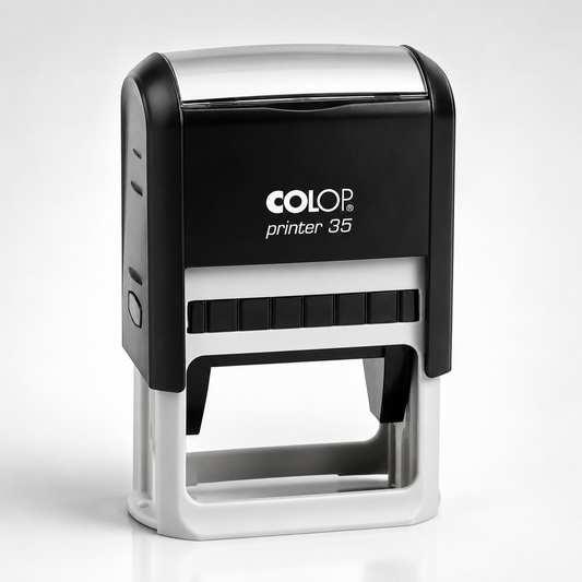 A COLOP Printer 35 self-inking stamp with a black and silver body, shown on a clean white background.