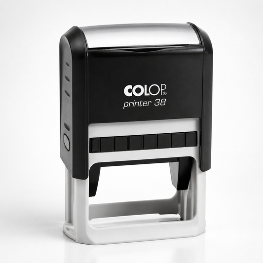 A COLOP Printer 38 self-inking stamp with a black top casing, white text logo, and a white handle base, shown on a clean white background.
