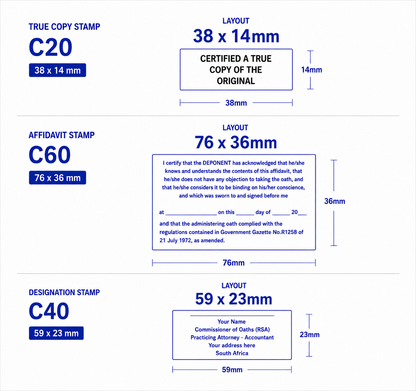 Designation Stamp Combo set Commissioner of Oaths stamp True Copy stamps Affidavit stamp Designation stamp South Africa Stamps R us Webp