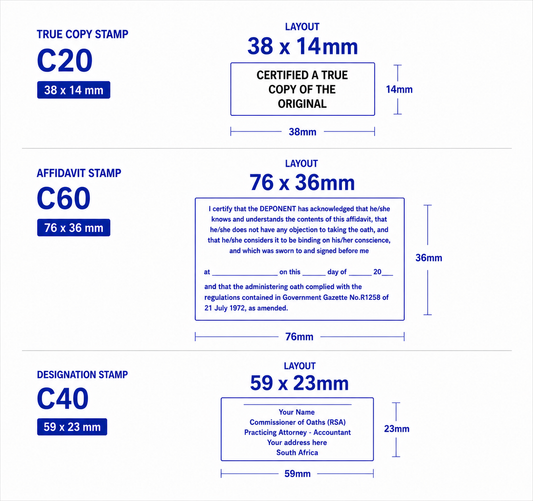 Designation Stamp Combo set Commissioner of Oaths stamp True Copy stamps Affidavit stamp Designation stamp South Africa Stamps R us Webp