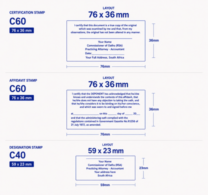 Full Commissioner of Oaths Stamp set  Certification stamp Affidavit stamp Designation stamp South Africa Stamps R us Webp