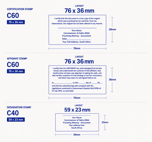 Full Commissioner of Oaths Stamp set  Certification stamp Affidavit stamp Designation stamp South Africa Stamps R us Webp