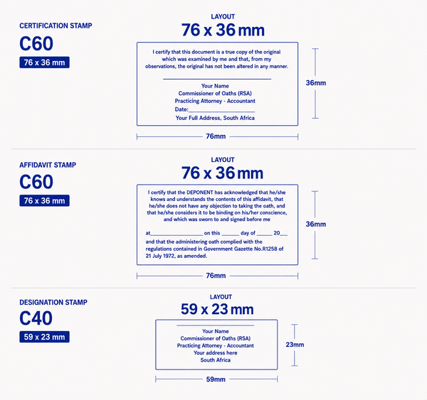 Full Commissioner of Oaths Stamp set  Certification stamp Affidavit stamp Designation stamp South Africa Stamps R us Webp